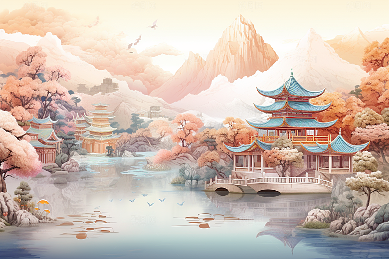 中国风山水自然精致风物刺绣