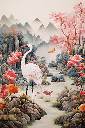 中国风山水自然国潮山河刺绣