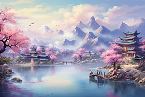 中国风山水自然景色高清刺绣