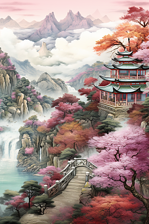 中国风山水自然艺术精致刺绣