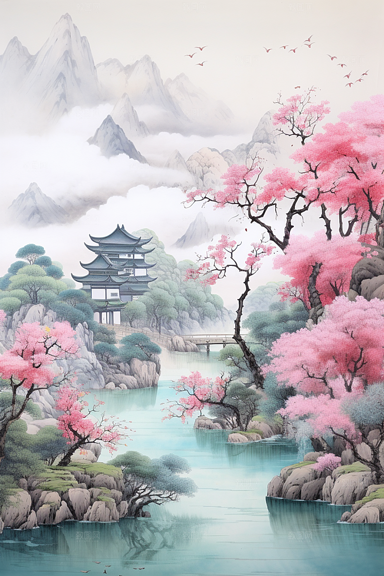 中国风山水自然技艺景色刺绣