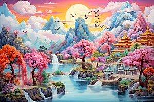 中国风山水自然山河景色刺绣