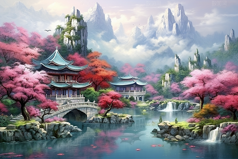 中国风山水自然艺术风光刺绣