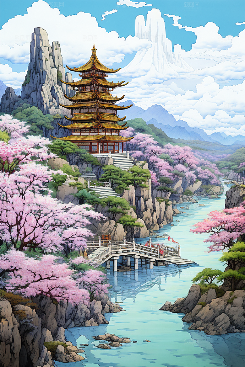 中国风山水自然景色精致刺绣