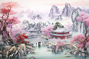 中国风山水自然精致艺术刺绣