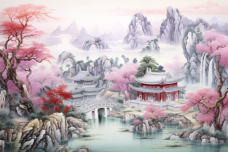 中国风山水自然精致艺术刺绣