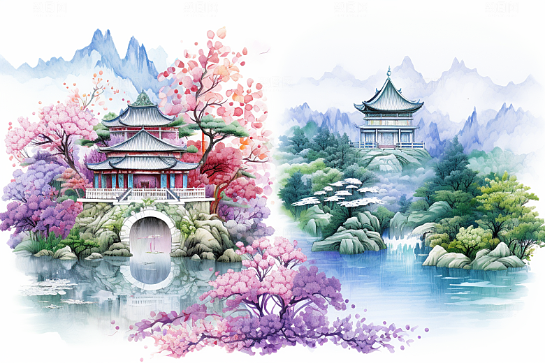 中国风山水自然国潮风光刺绣