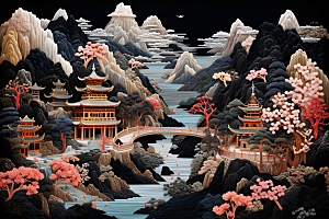 中国风山水自然艺术国潮刺绣