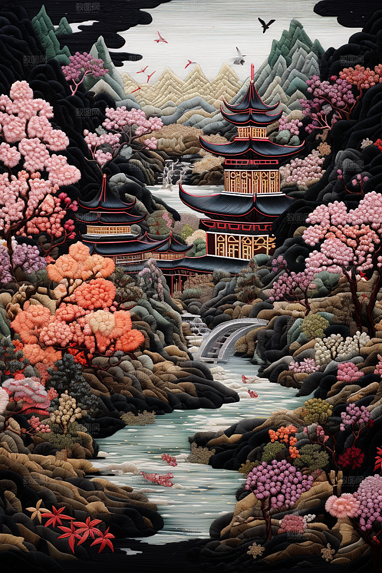 中国风山水自然景色艺术刺绣
