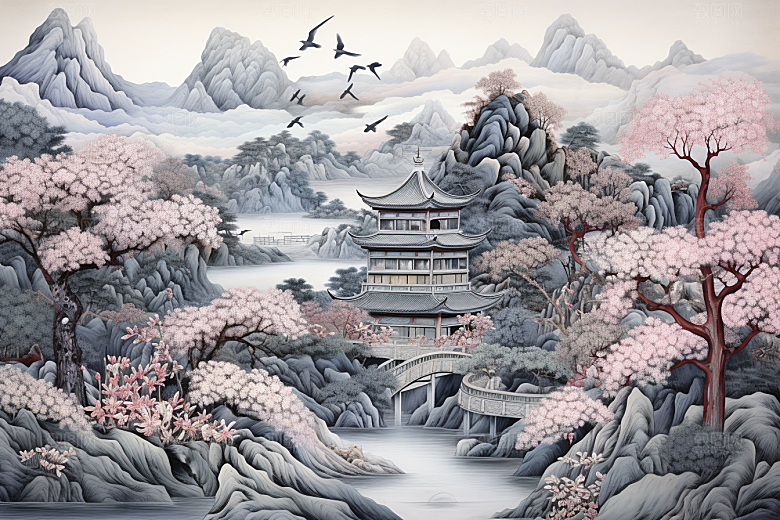 中国风山水自然山河风光刺绣