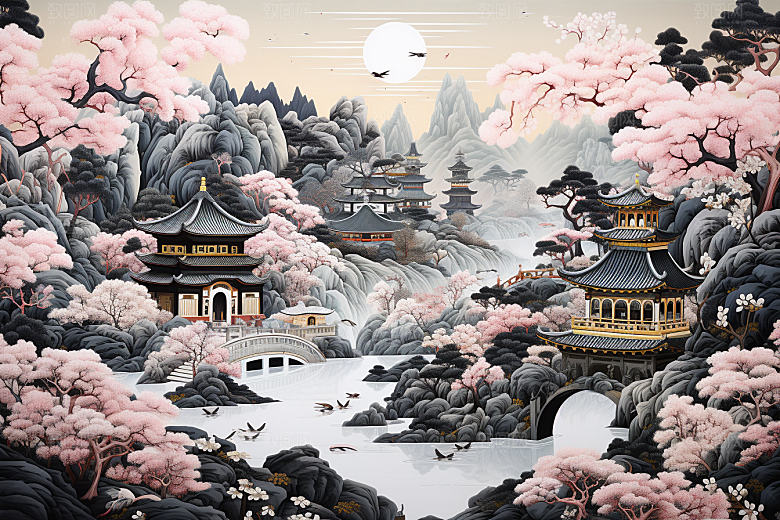 中国风山水自然风光技艺刺绣