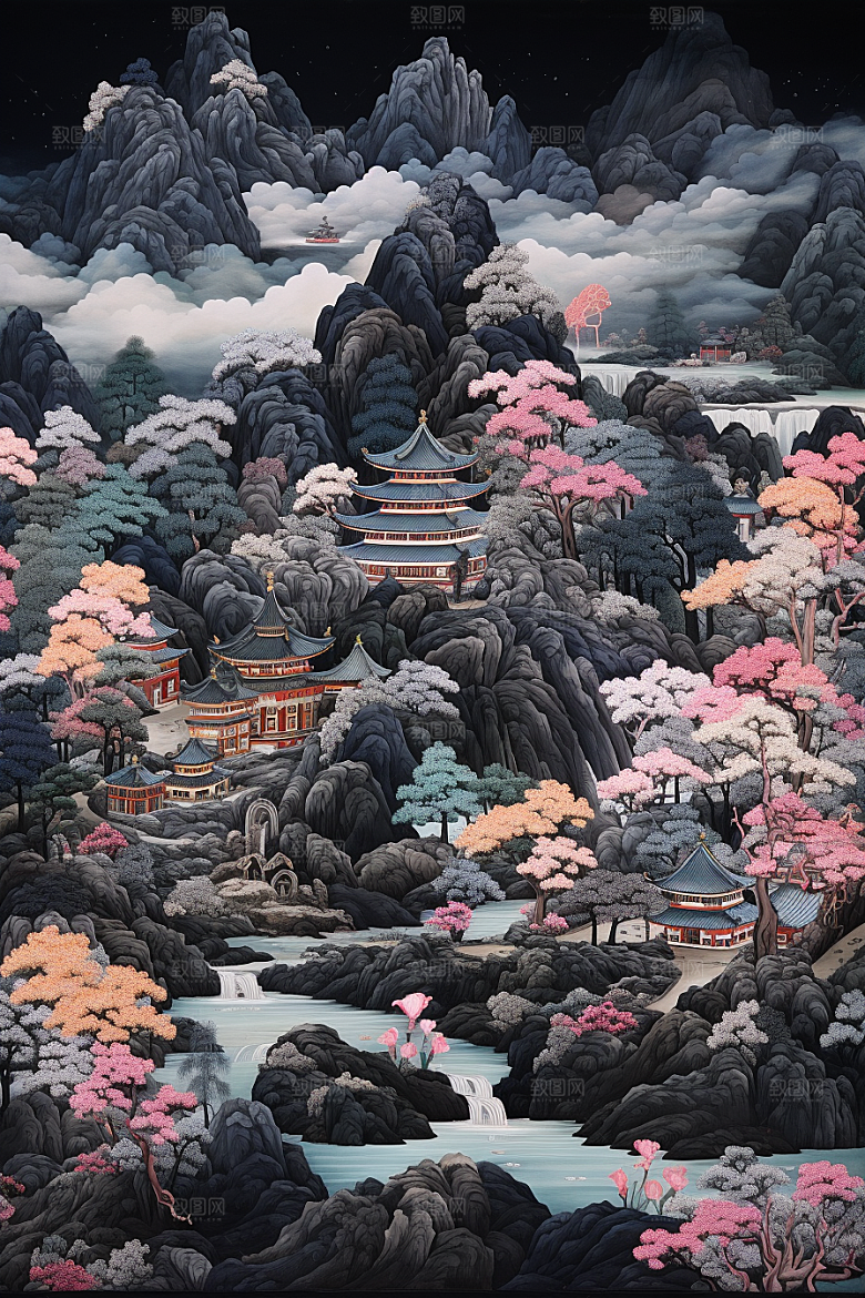 中国风山水自然山河传统文化刺绣