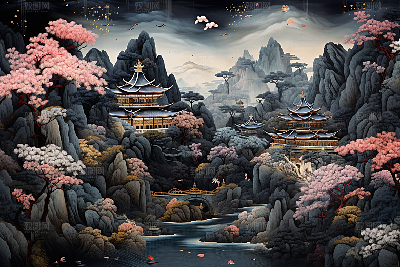 中国风山水自然精致传统文化刺绣