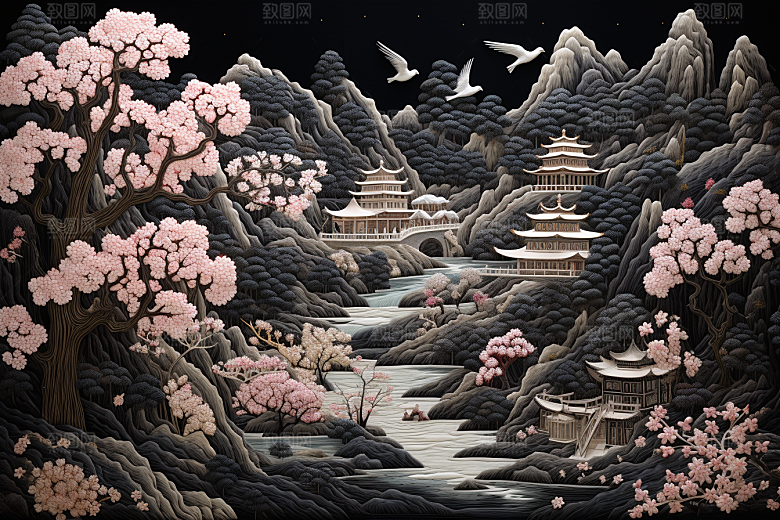 中国风山水自然风光高清刺绣