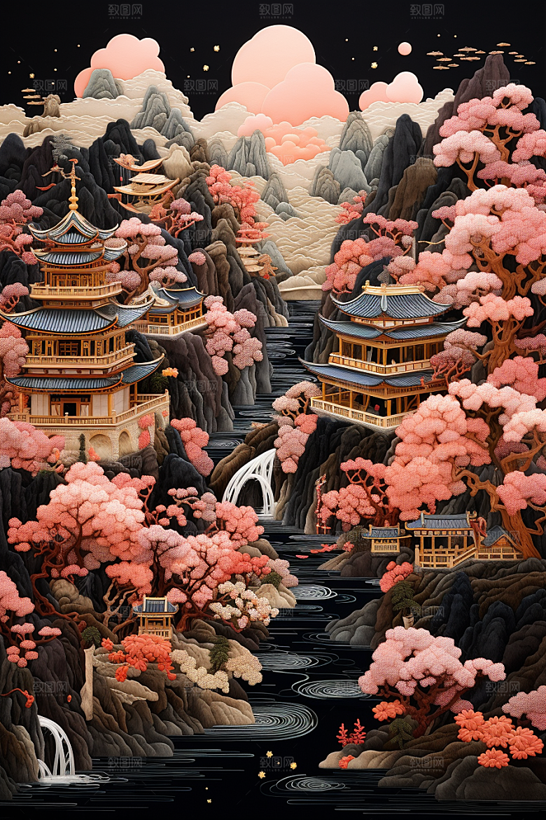 中国风山水自然山河风物刺绣