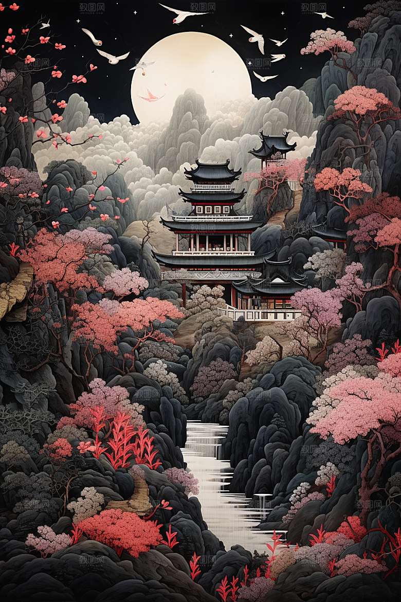 中国风山水自然精致技艺刺绣