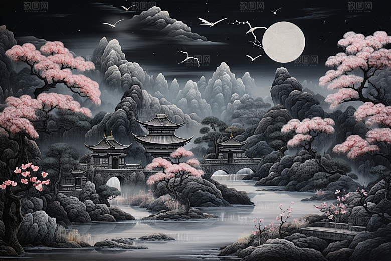 中国风山水自然艺术景色刺绣