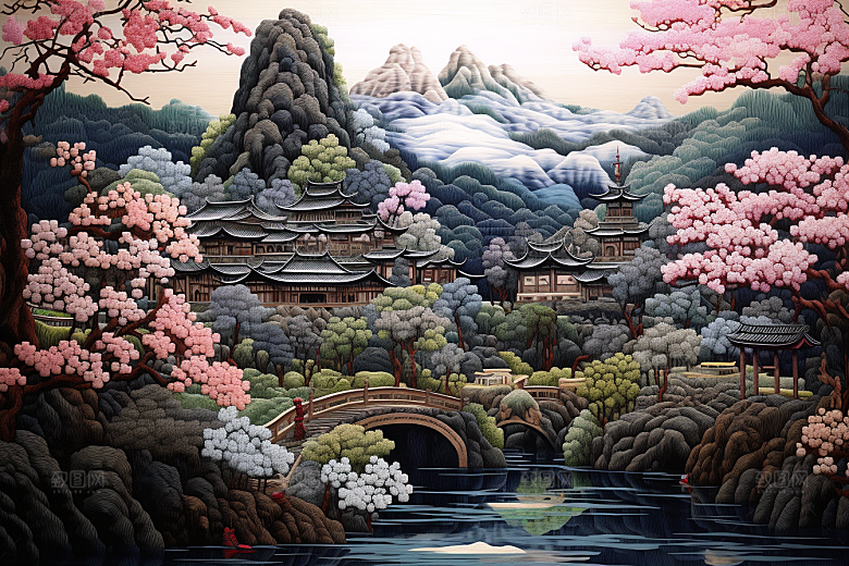 中国风山水自然景色精致刺绣