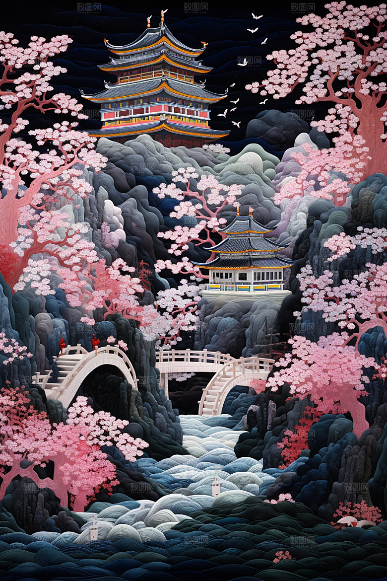 中国风山水自然山河高清刺绣