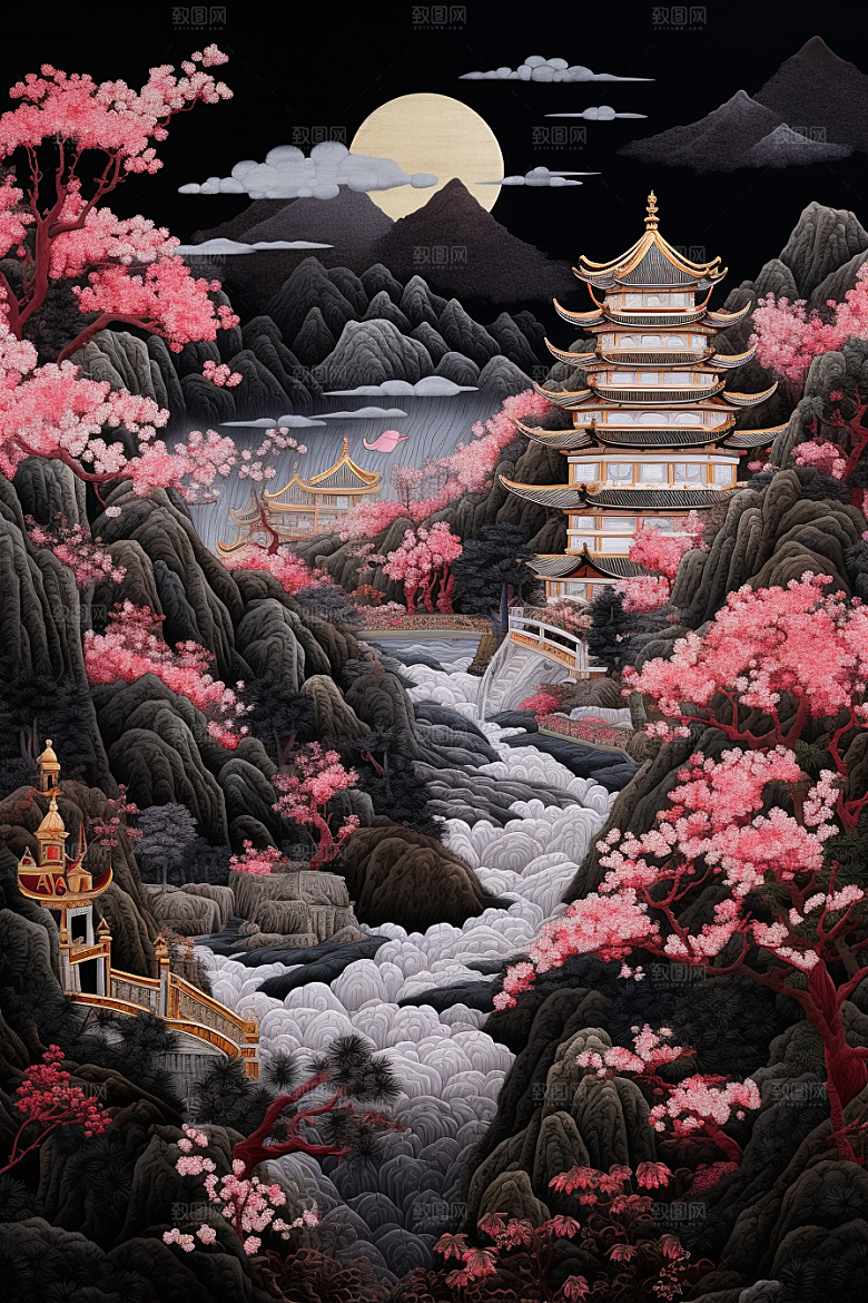 中国风山水自然传统文化艺术刺绣