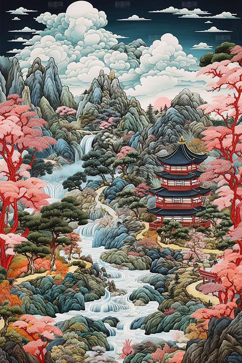 中国风山水自然风物风光刺绣