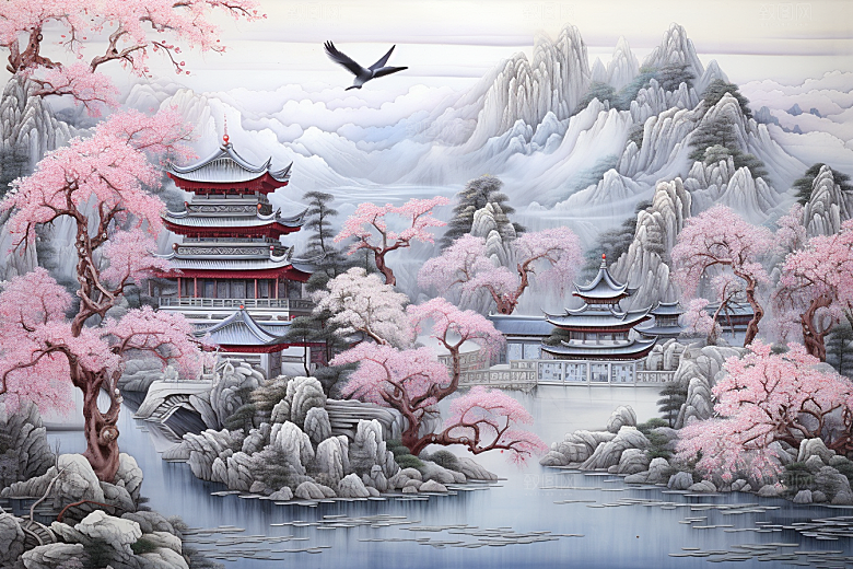 中国风山水自然技艺景色刺绣