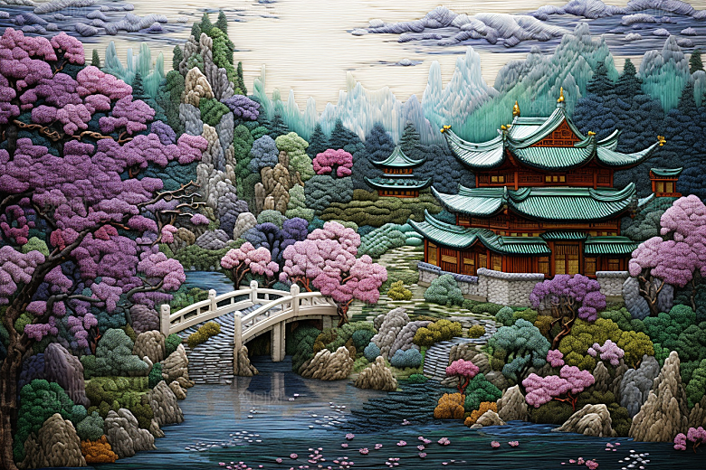 中国风山水自然精致风光刺绣