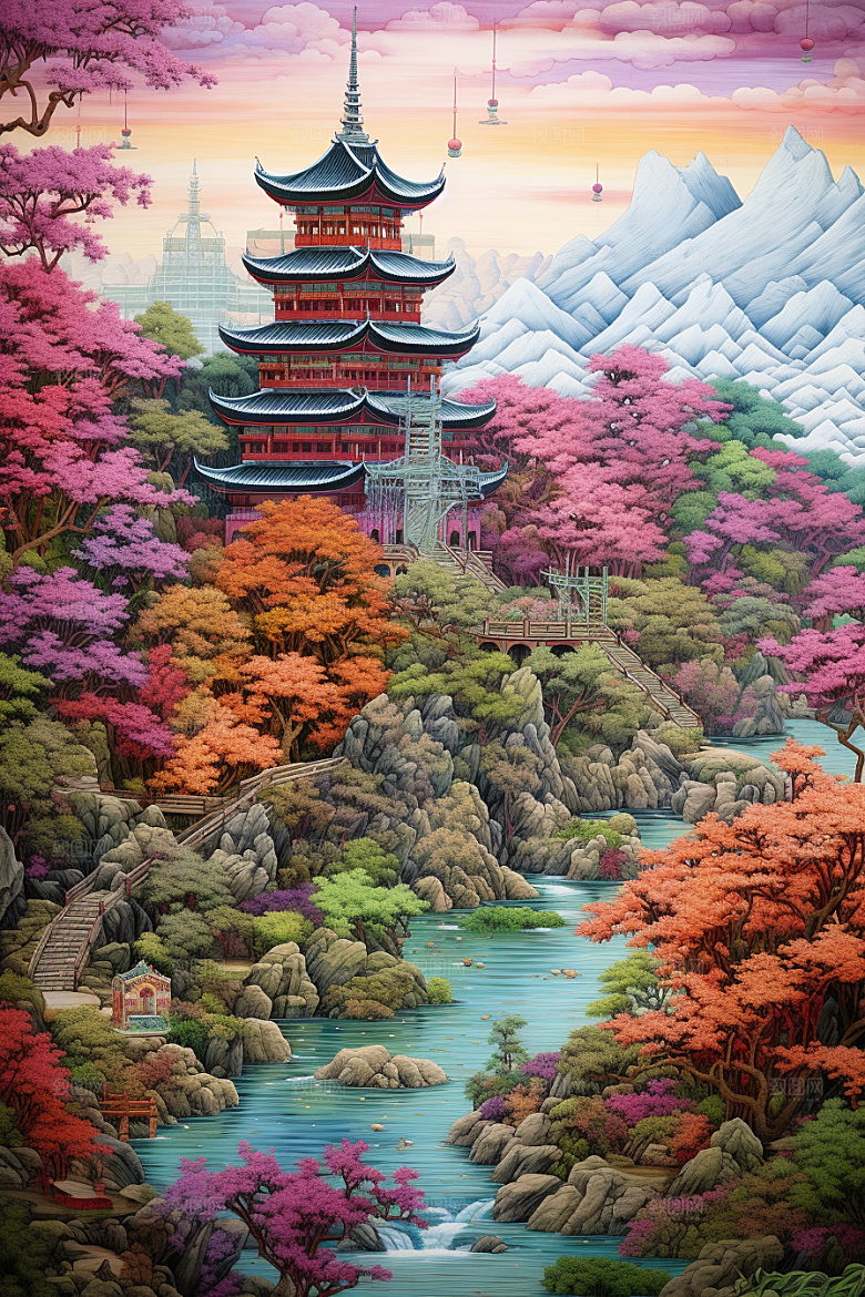 中国风山水自然艺术传统文化刺绣