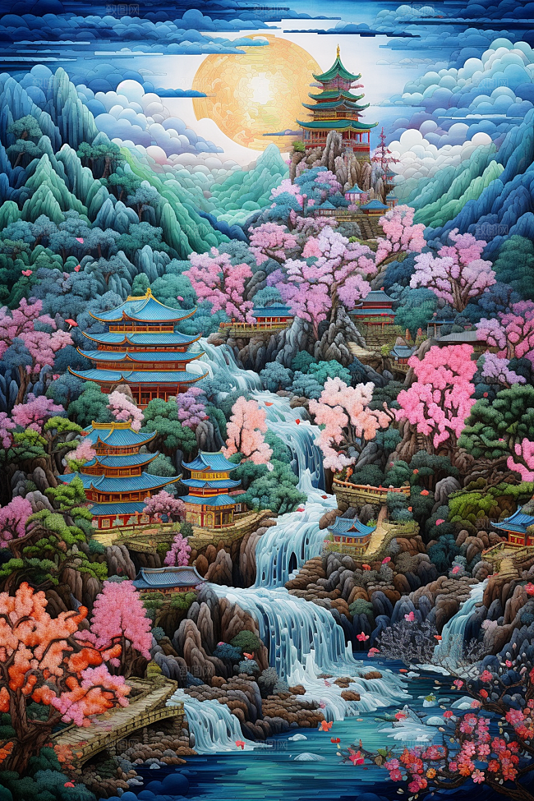 中国风山水自然精致风物刺绣