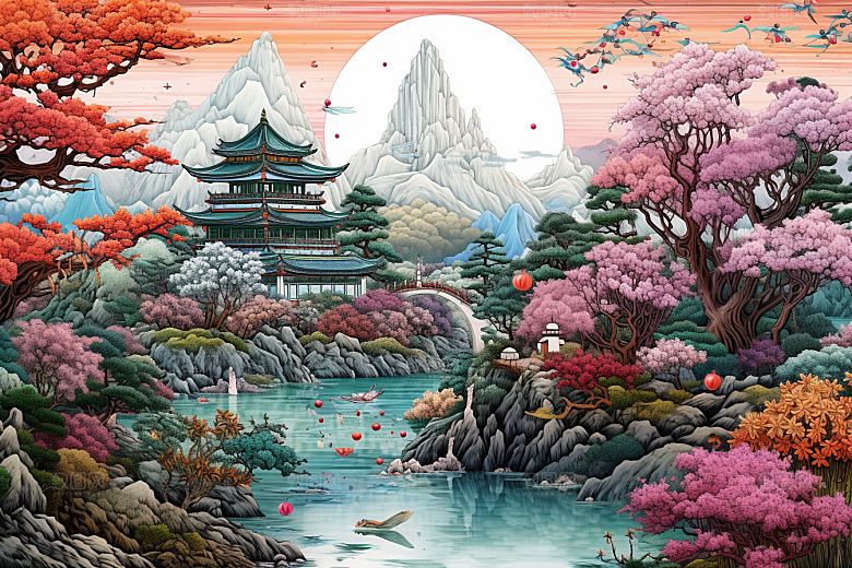 中国风山水自然技艺景色刺绣