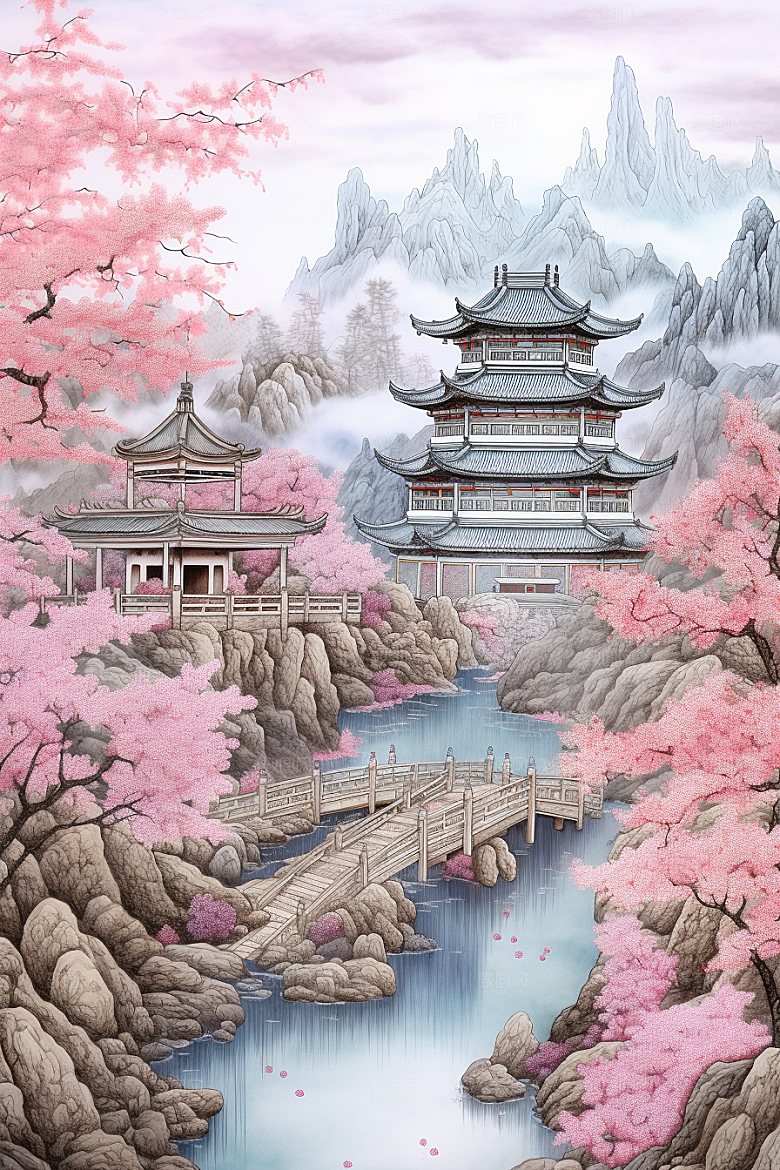 中国风山水自然景色精致刺绣