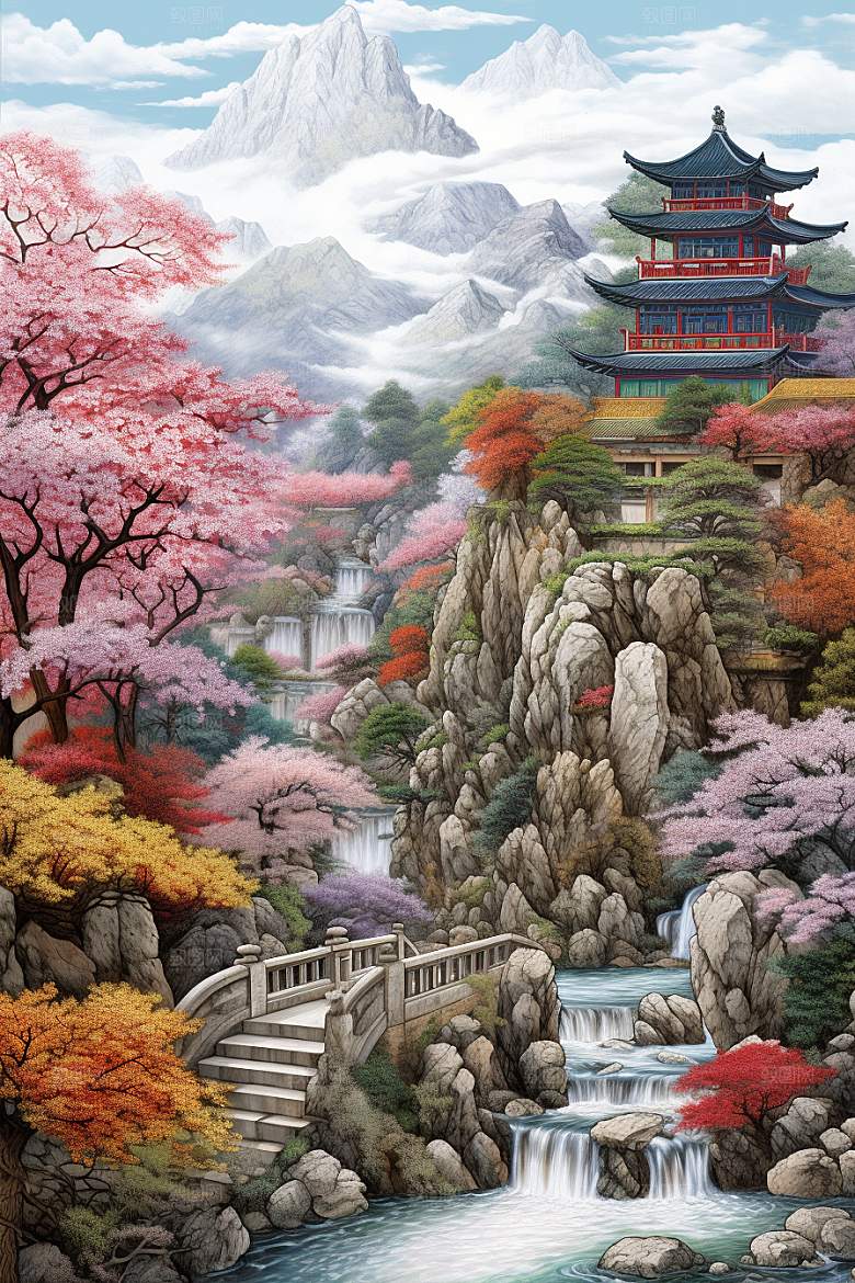 中国风山水自然风物山河刺绣