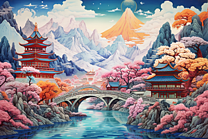 中国风山水自然风物景色刺绣
