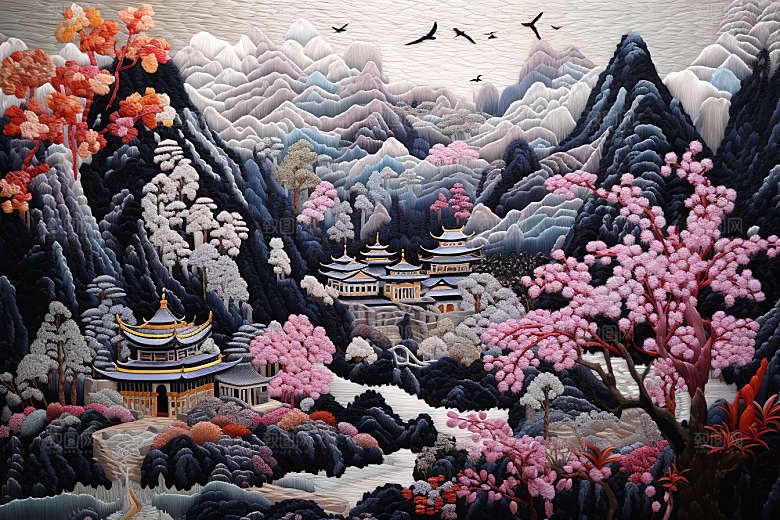 中国风山水自然精致山河刺绣