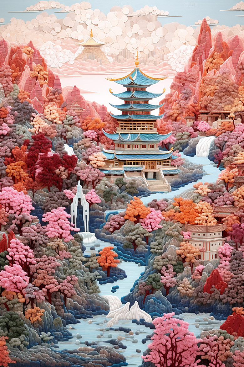 中国风山水自然山河高清刺绣