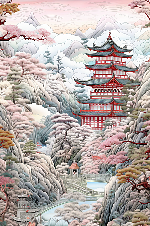 中国风山水自然技艺艺术刺绣