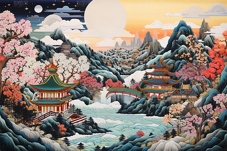 中国风山水自然山河景色刺绣