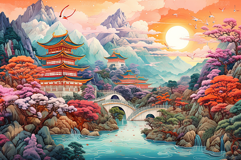 中国风山水自然传统文化山河刺绣