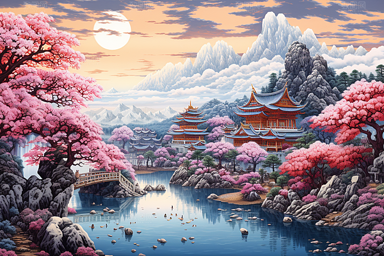 中国风山水自然艺术高清刺绣