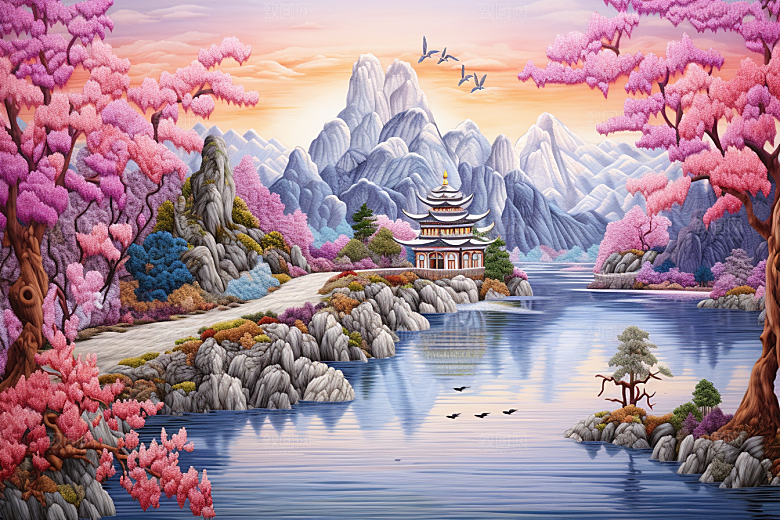 中国风山水自然精致风光刺绣