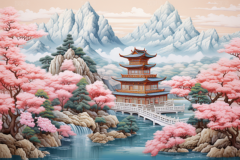 中国风山水自然高清技艺刺绣