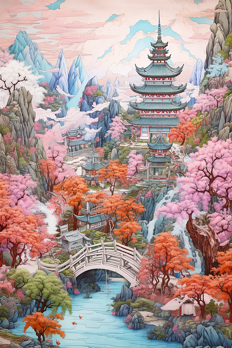 中国风山水自然传统文化山河刺绣