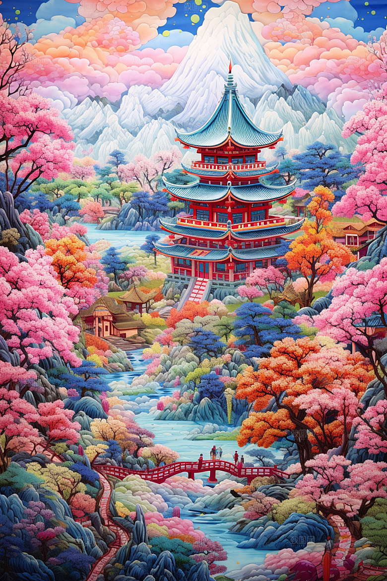 中国风山水自然技艺景色刺绣