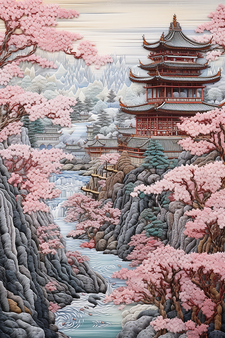 中国风山水自然技艺艺术刺绣