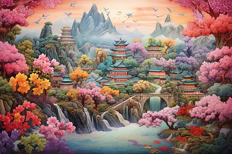 中国风山水自然传统文化艺术刺绣