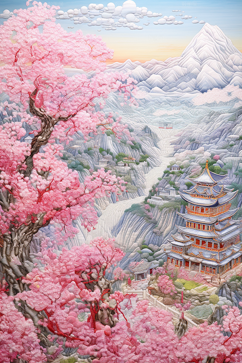 中国风山水自然风物风光刺绣