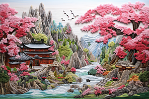 中国风山水自然精致传统文化刺绣
