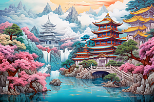 中国风山水自然风光景色刺绣