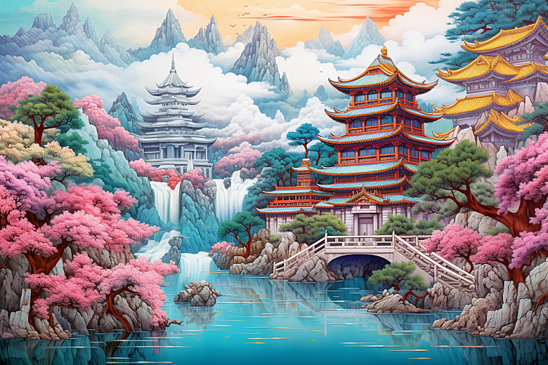 中国风山水自然风光景色刺绣
