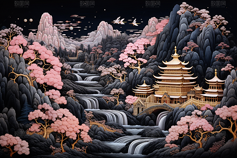 中国风山水自然风物风光刺绣